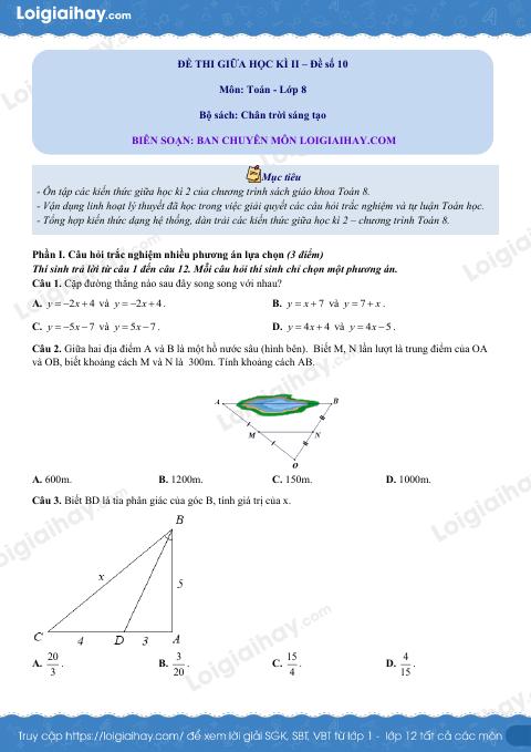 Đề thi giữa kì 2 Toán 8 Chân trời sáng tạo - Đề số 10